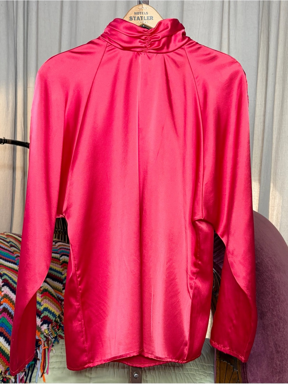 80s Red Satin Funnel Neck Blouse